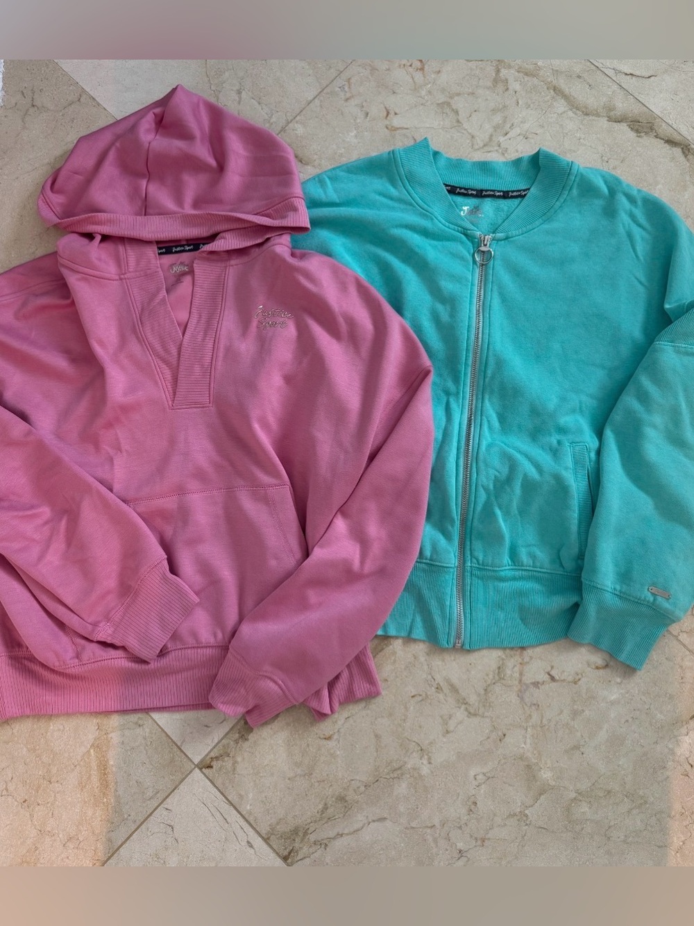 (2) 1-Justice Turquoise Sweatshirt with Metal Logo and 2-Pink Hoodie